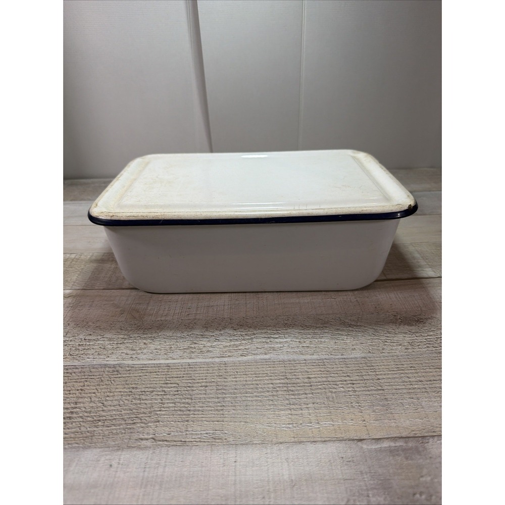 Vintage Enamelware Rectangular Basin Tub Lid White Blue Rim Farmhouse Primitive